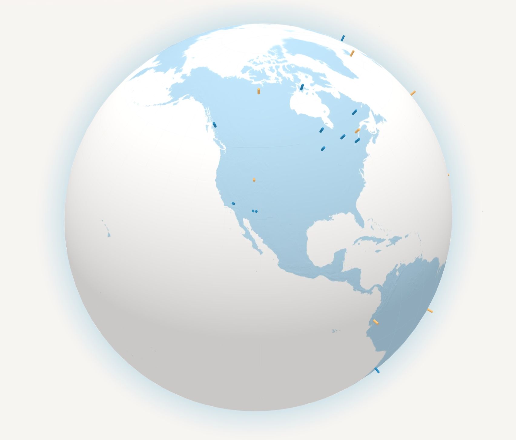 Map of the globe, with the locations of several Voconiq projects marked